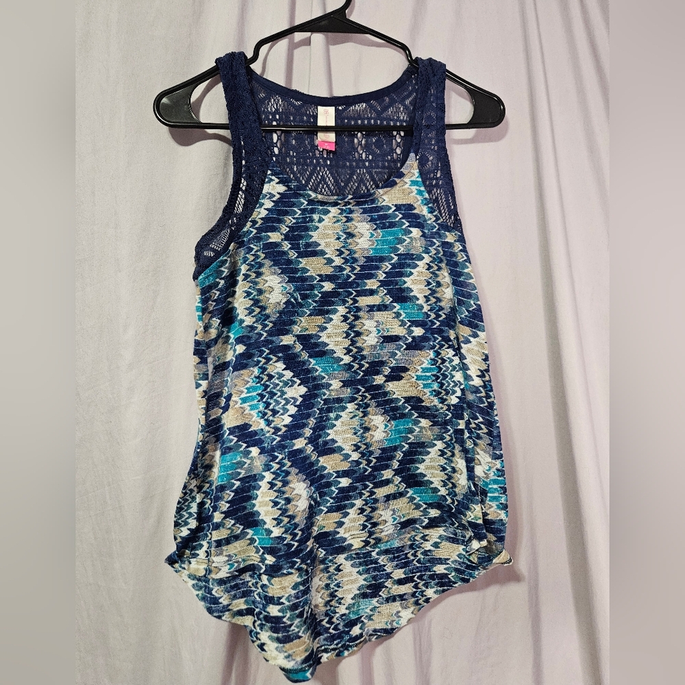 No Boundaries Womens Blue Geometric Crochet Tank Top Size M